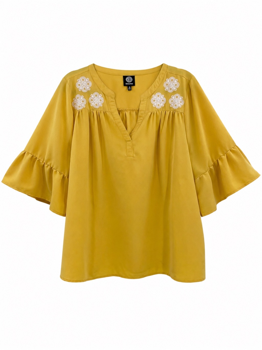 Bobeau Golden Yellow Embroidered Bell Sleeve Romantic Boho Blouse Top Size 1X